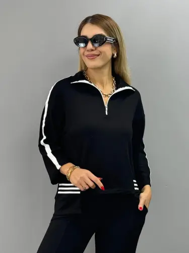 Women's Polo Collar Slit Hem Ribbed Knit Set - 1