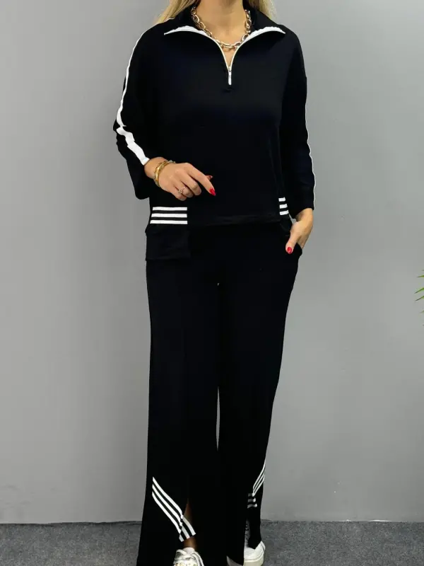 Women's Polo Collar Slit Hem Ribbed Knit Set - 6