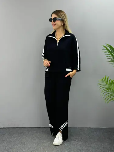 Women's Polo Collar Slit Hem Ribbed Knit Set - BÜYÜKBEDENIZ (1)