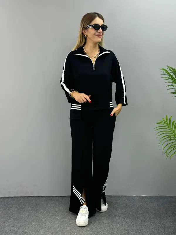 Women's Polo Collar Slit Hem Ribbed Knit Set - 7