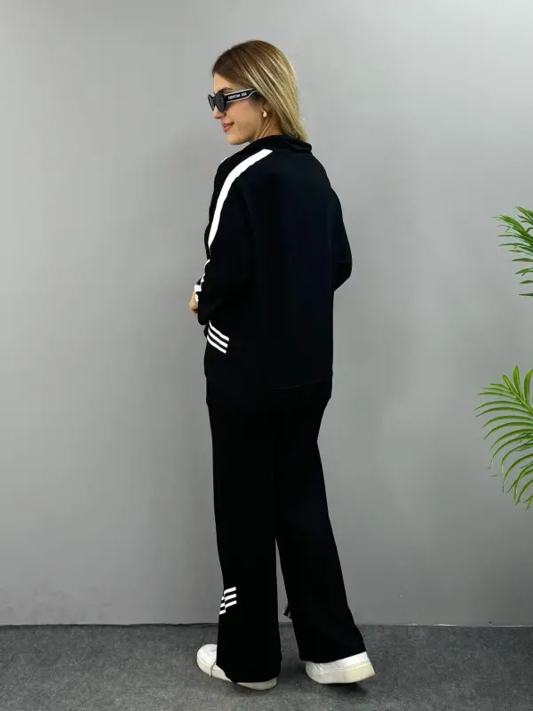 Women's Polo Collar Slit Hem Ribbed Knit Set - 3