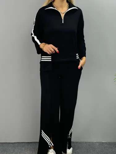 Women's Polo Collar Slit Hem Ribbed Knit Set - 4