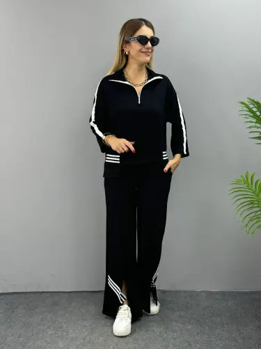 Women's Polo Collar Slit Hem Ribbed Knit Set - 5