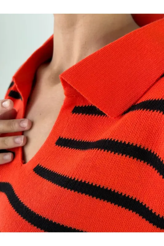 Women's Polo Collar Striped Knitted Sweater-Orange - 2