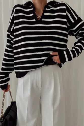 Women's Polo Neck Striped Knit Sweater-black 