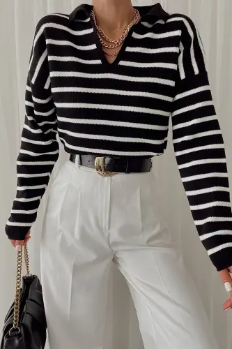 Women's Polo Neck Striped Knit Sweater-black - ENMODASTYLE (1)