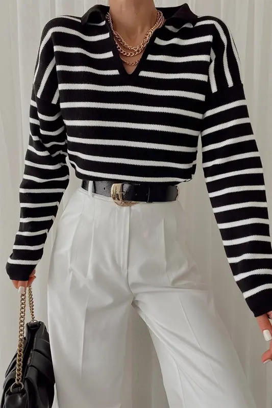 Women's Polo Neck Striped Knit Sweater-black - 2