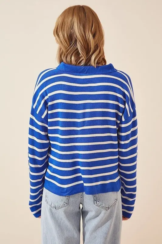 Women's Polo Neck Striped Knitwear Sweater-blue - 2