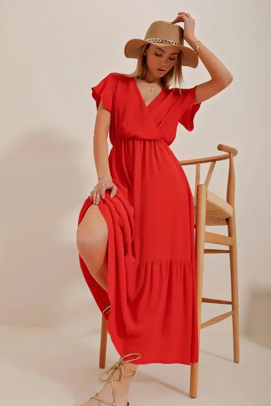 Women's Pomegranate Blossom Crossover Collar Maxi Size Crinkle Dress ALC-X4373-Pomegranate Blossom - 1