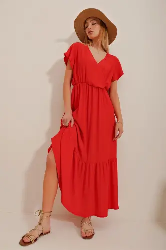 Women's Pomegranate Blossom Crossover Collar Maxi Size Crinkle Dress ALC-X4373-Pomegranate Blossom - 3