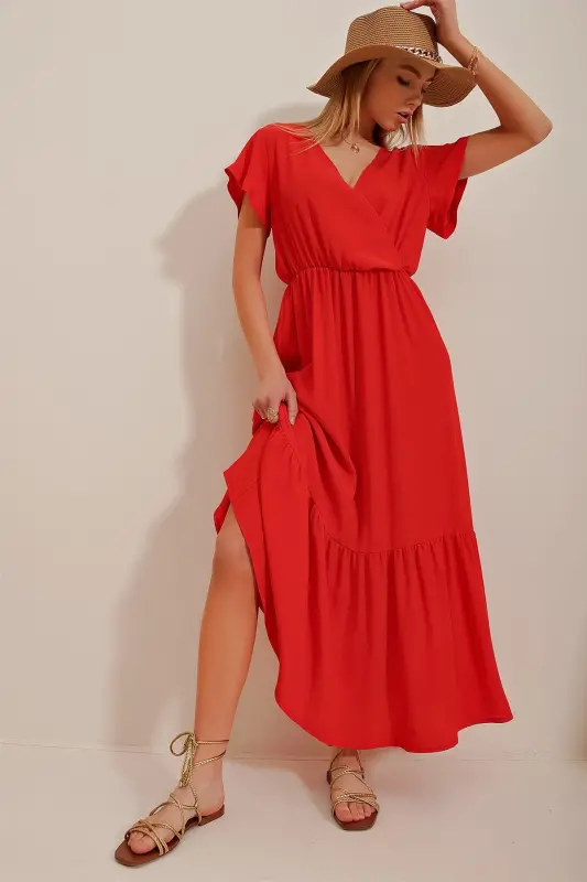 Women's Pomegranate Blossom Crossover Collar Maxi Size Crinkle Dress ALC-X4373-Pomegranate Blossom - 5