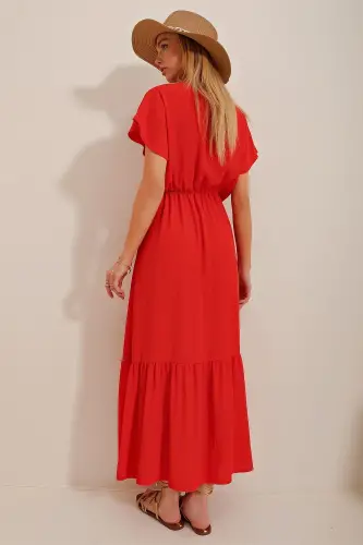 Women's Pomegranate Blossom Crossover Collar Maxi Size Crinkle Dress ALC-X4373-Pomegranate Blossom - 6