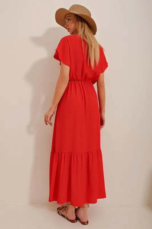 Women's Pomegranate Blossom Crossover Collar Maxi Size Crinkle Dress ALC-X4373-Pomegranate Blossom - 6