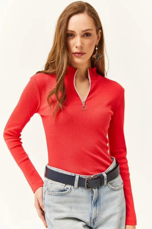 Women's Pomegranate Blossom Zippered Turtleneck Lycra Blouse - Pomegranate Blossom - OLALOOK