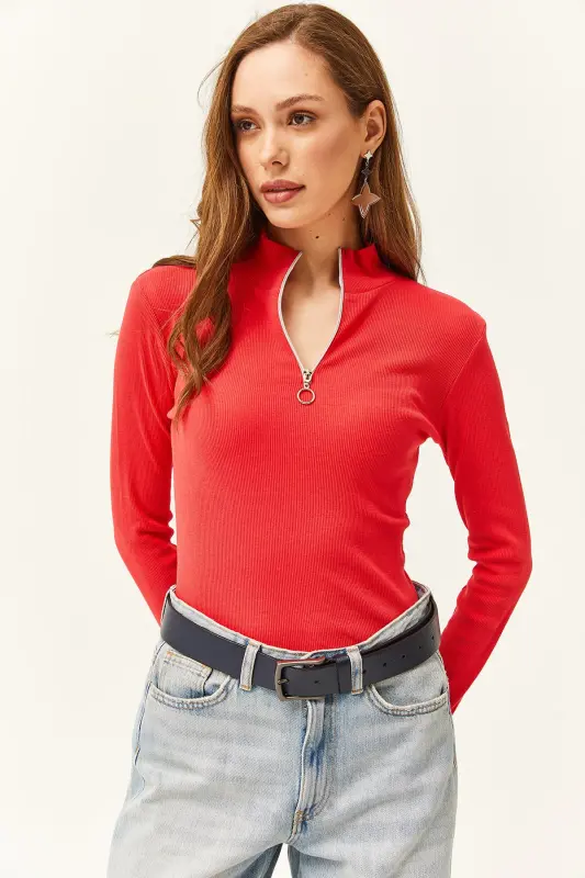Women's Pomegranate Blossom Zippered Turtleneck Lycra Blouse - Pomegranate Blossom - 3