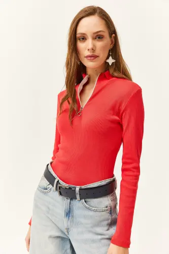 Women's Pomegranate Blossom Zippered Turtleneck Lycra Blouse - Pomegranate Blossom - 4