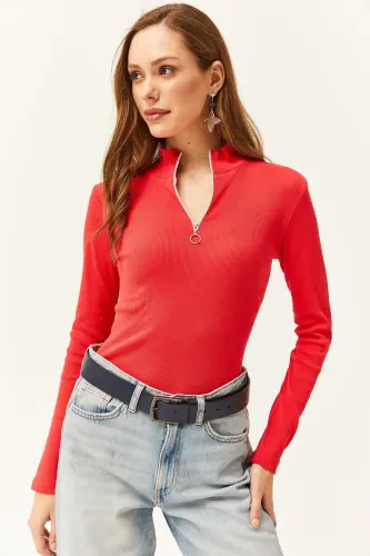 Women's Pomegranate Blossom Zippered Turtleneck Lycra Blouse - Pomegranate Blossom - 5