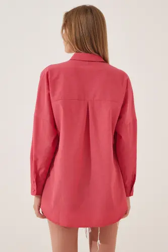 Women's Pomegranate Oversize Long Basic Shirt DD00842-Pomegranate - 3