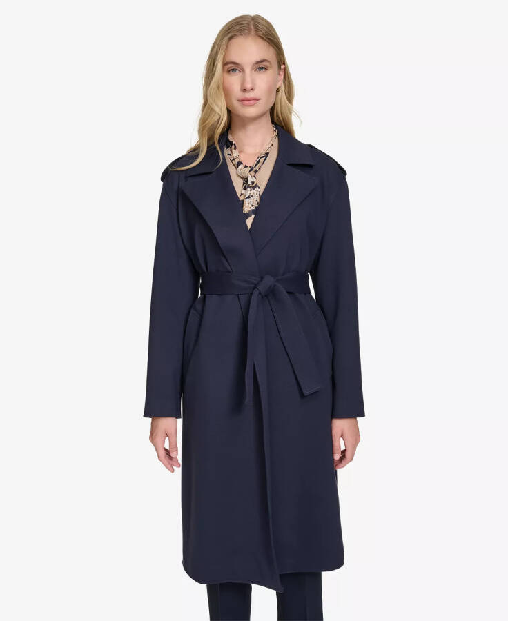 Women's Ponte Belted Long-Sleeve Trench Coat Midnight - 1