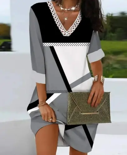 Women's Poor Sleeve V Lace Collar Geometric Patterned Scuba Dress - BÜYÜKBEDENIZ (1)
