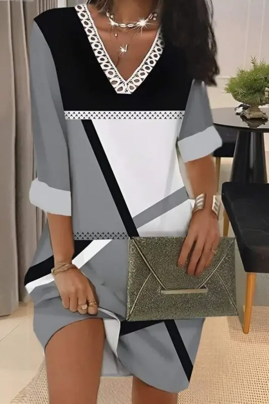 Women's Poor Sleeve V Lace Collar Geometric Patterned Scuba Dress - 4