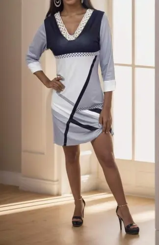 Women's Poor Sleeve V Lace Collar Geometric Patterned Scuba Dress - 7