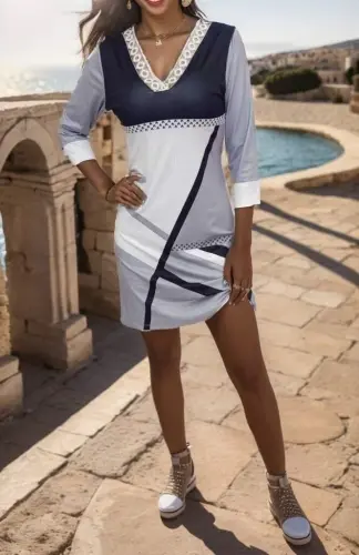 Women's Poor Sleeve V Lace Collar Geometric Patterned Scuba Dress - 10