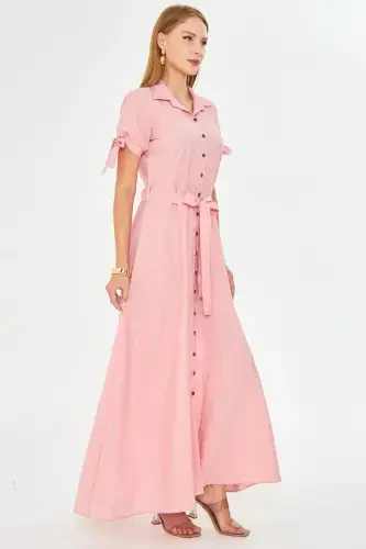 Women's Powder Arm Tie Sleeve Belted Waist Shirt Dress ARM-23Y001004-Powder - 1