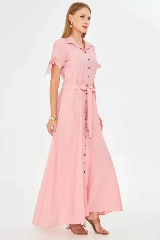 Women's Powder Arm Tie Sleeve Belted Waist Shirt Dress ARM-23Y001004-Powder - 1