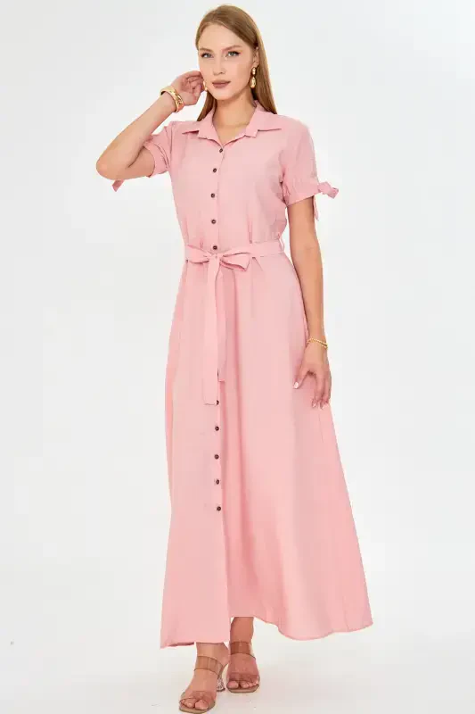 Women's Powder Arm Tie Sleeve Belted Waist Shirt Dress ARM-23Y001004-Powder - 2