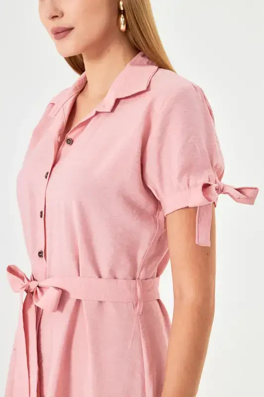 Women's Powder Arm Tie Sleeve Belted Waist Shirt Dress ARM-23Y001004-Powder - 3
