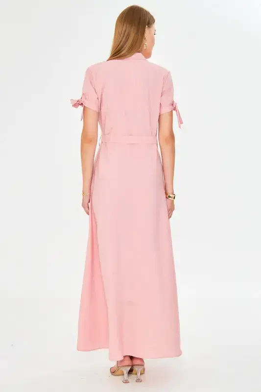 Women's Powder Arm Tie Sleeve Belted Waist Shirt Dress ARM-23Y001004-Powder - 4