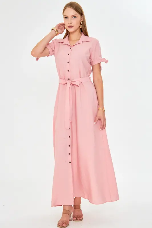 Women's Powder Arm Tie Sleeve Belted Waist Shirt Dress ARM-23Y001004-Powder - 3