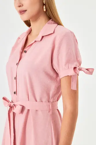 Women's Powder Arm Tie Sleeve Belted Waist Shirt Dress ARM-23Y001004-Powder - 4