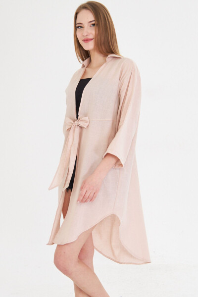 Women's Powder Blue Front Tie Midi Linen Dress 