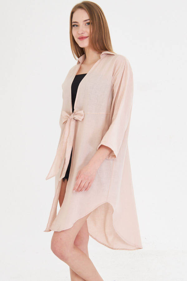 Women's Powder Blue Front Tie Midi Linen Dress - 1