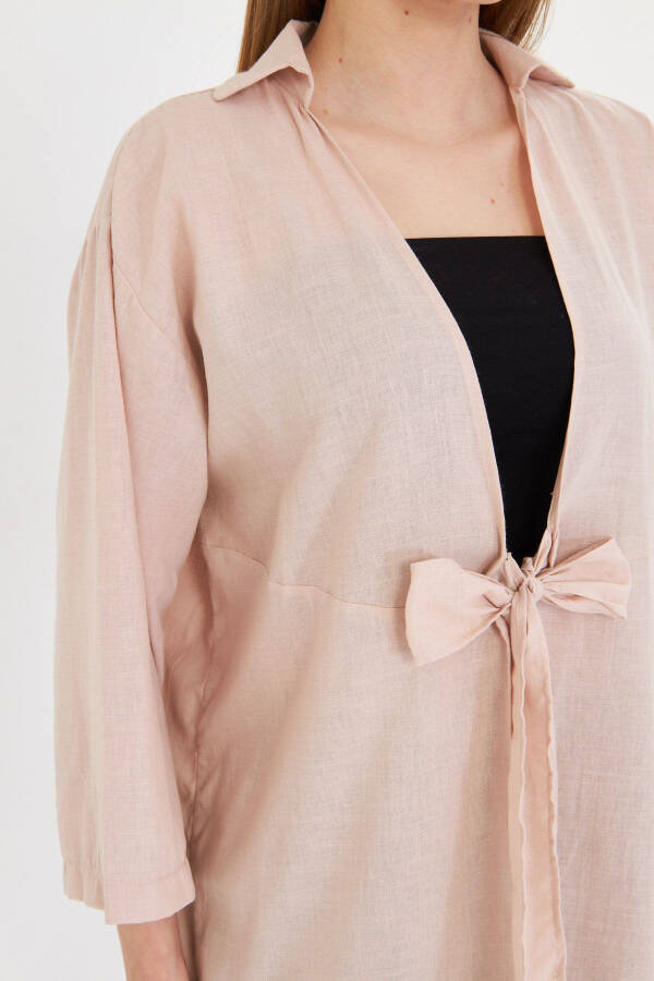 Women's Powder Blue Front Tie Midi Linen Dress - 2