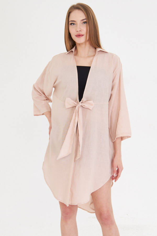 Women's Powder Blue Front Tie Midi Linen Dress - 3