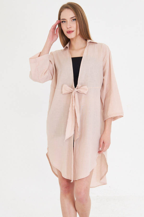 Women's Powder Blue Front Tie Midi Linen Dress - 4