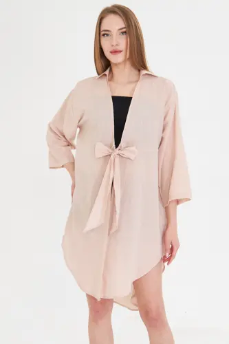 Women's Powder Blue Front Tie Midi Linen Dress - 3