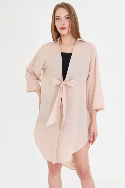 Women's Powder Blue Front Tie Midi Linen Dress - 3