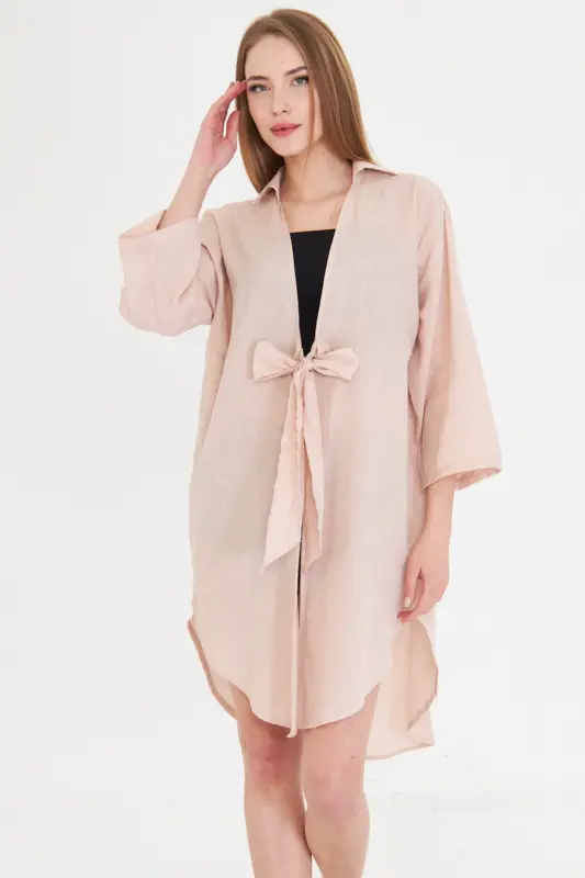 Women's Powder Blue Front Tie Midi Linen Dress - 4