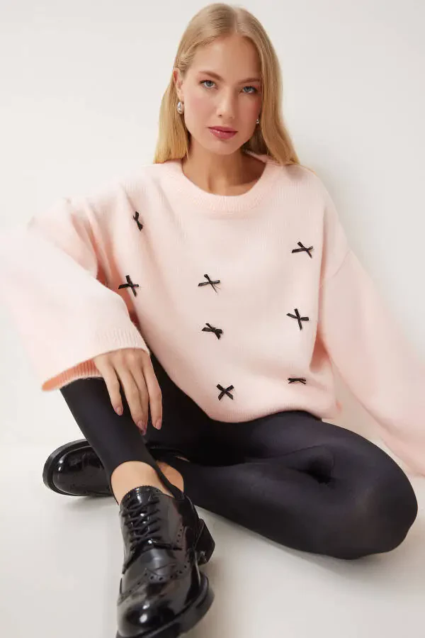 Women's Powder Bow Detailed Oversize Knitwear Sweater KB - 1