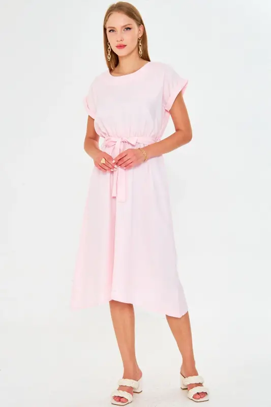 Women's Powder Elastic Waist Tie Dress ARM-18Y001133-Powder - 2