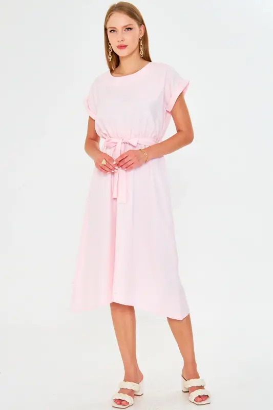 Women's Powder Elastic Waist Tie Dress ARM-18Y001133-Powder - 2