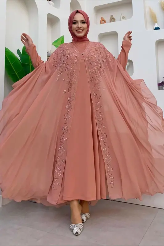 Women's Powder Embroidered Tulle Two-Piece Ferace Set T 6773-POWDER - TRENDTESETTÜR