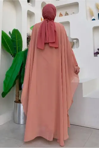 Women's Powder Embroidered Tulle Two-Piece Ferace Set T 6773-POWDER - 3