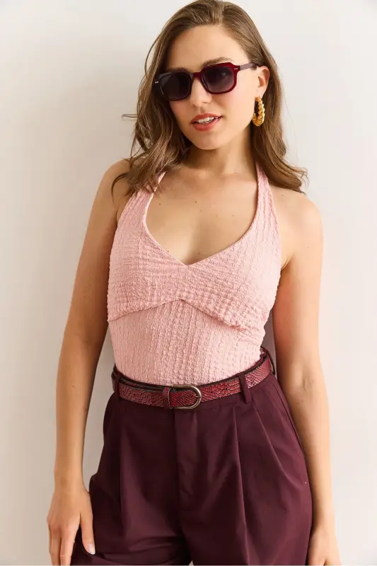 Women's Powder Halter Neck Front Lined Textured Crop Bl - 2