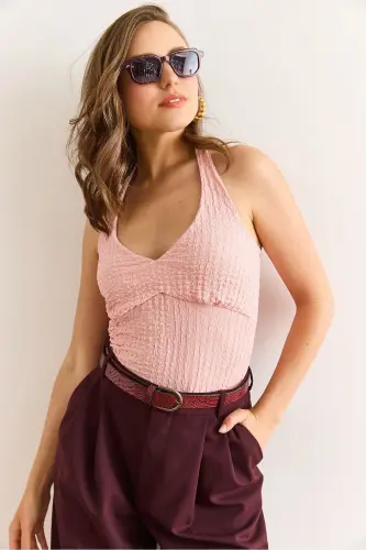 Women's Powder Halter Neck Front Lined Textured Crop Bl - 4