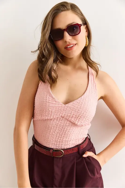 Women's Powder Halter Neck Front Lined Textured Crop Bl - 5